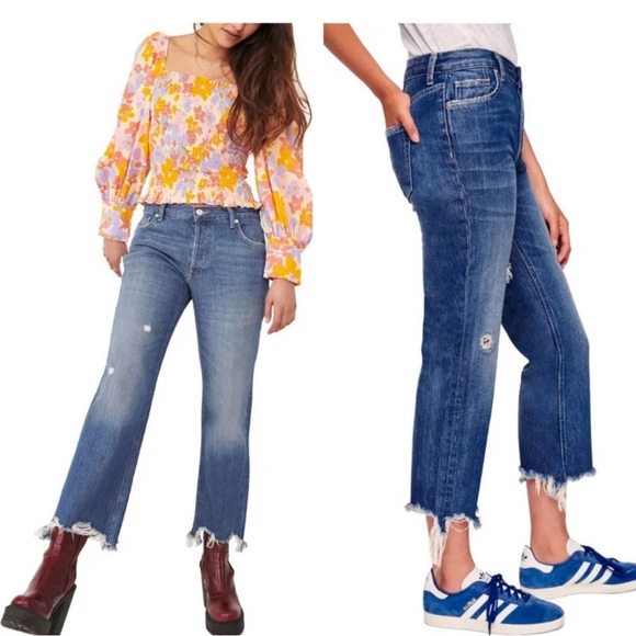 Free‎ People Maggie Mid Rise Straight Distressed Hem Denim Straight Jeans 25 - Picture 1 of 7